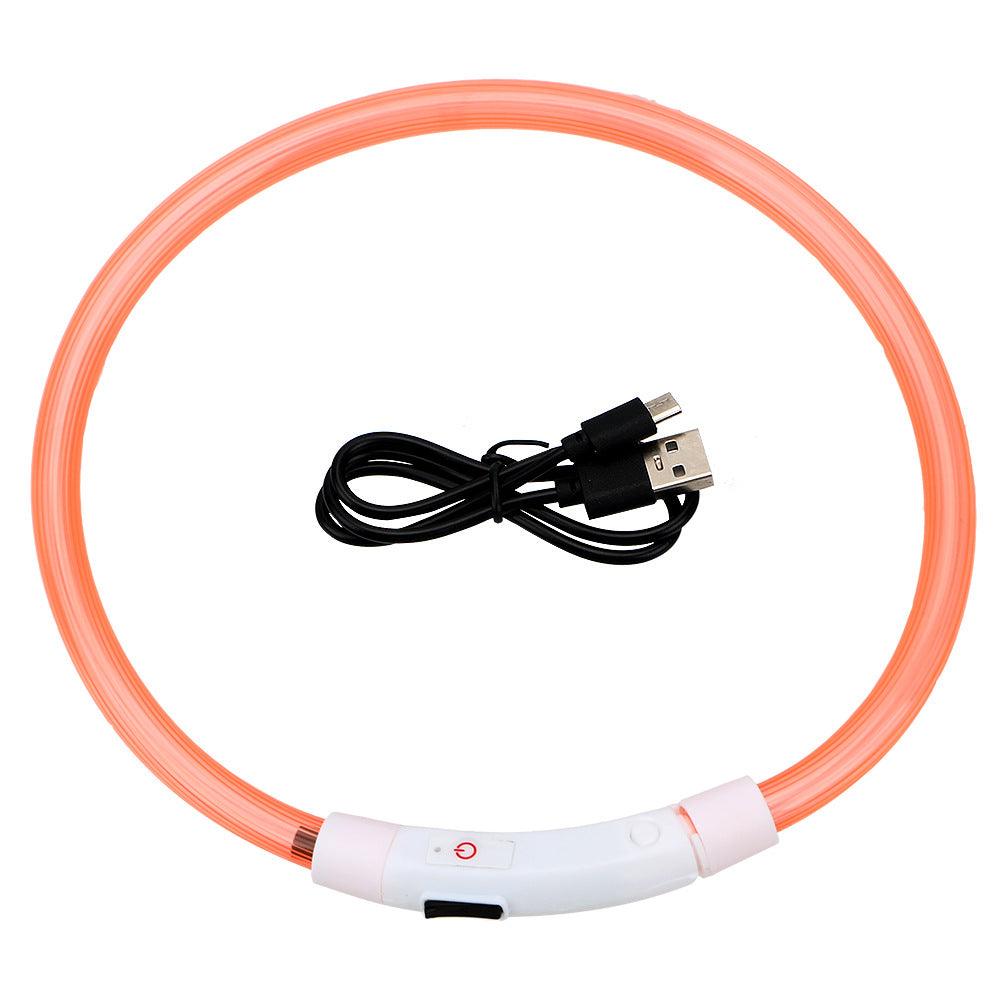 Dog Hugs Cat glow-in-the-dark pet collar with USB rechargeable design, featuring reflective material and adjustable strap for pets.