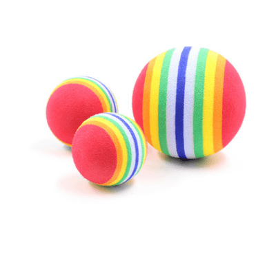 Colorful Rainbow Pet Play Balls set by Dog Hugs Cat, featuring vibrant toys designed for cats' play and entertainment.