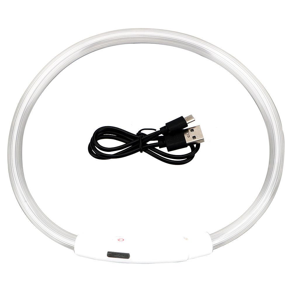 Dog Hugs Cat glow-in-the-dark pet collar with USB rechargeability, shown in a close-up with reflective material and adjustable strap.