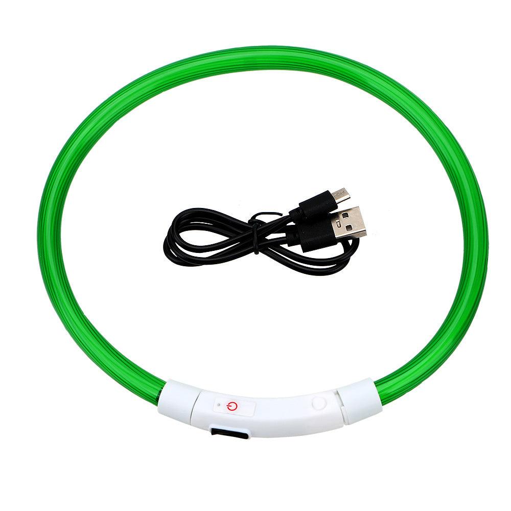 Dog Hugs Cat USB rechargeable glow-in-the-dark pet collar with reflective strap and adjustable size on a white background.