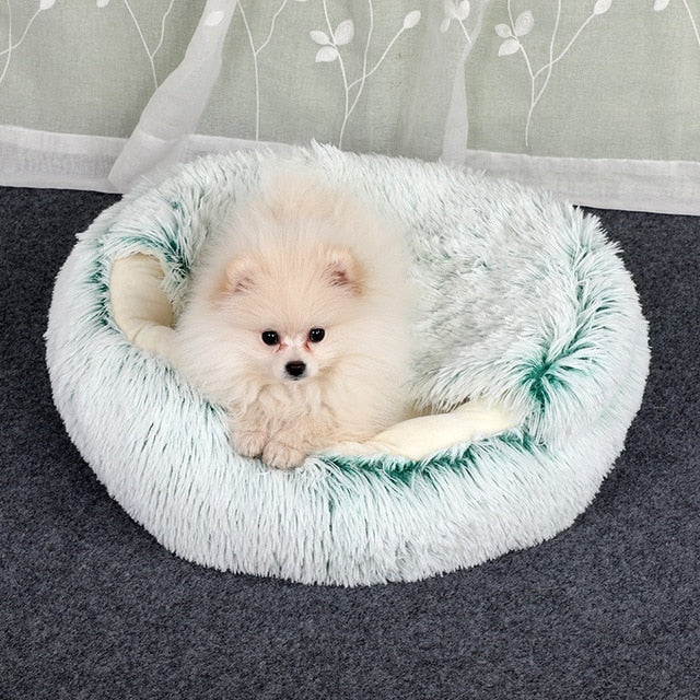 Soft 2-in-1 pet bed in neutral fabric, featuring cozy cushioning and a versatile design for dogs and cats.