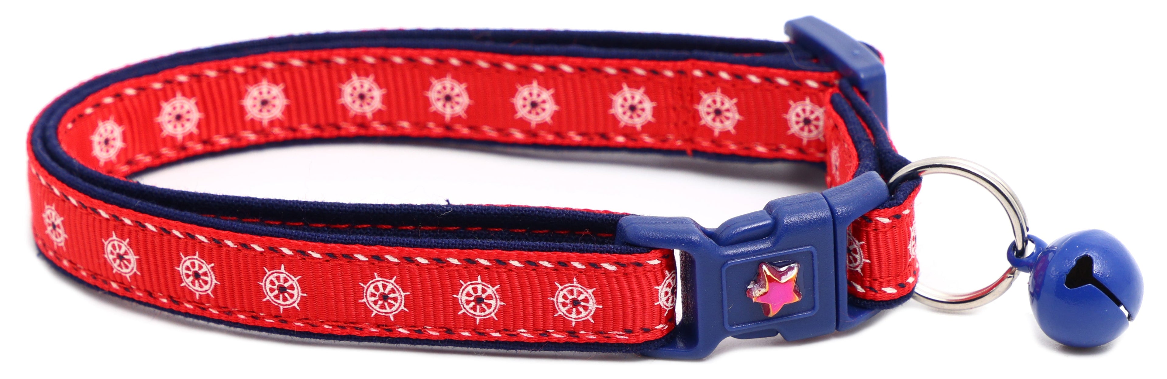 Nautical design Ships Wheels breakaway cat collar by Pugs2Persians with a safety breakaway clasp and decorative ship wheel pattern.