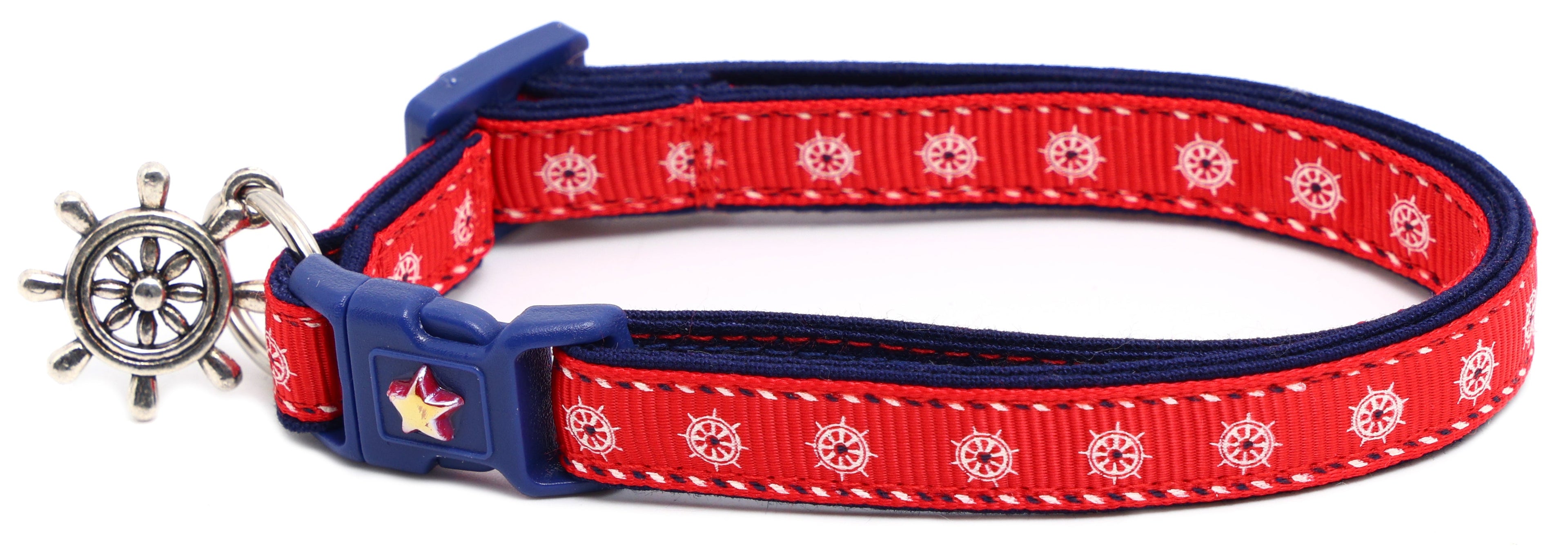 Nautical design Ships Wheels breakaway cat collar with adjustable strap and bell, made by Pugs2Persians for safe, stylish feline wear.