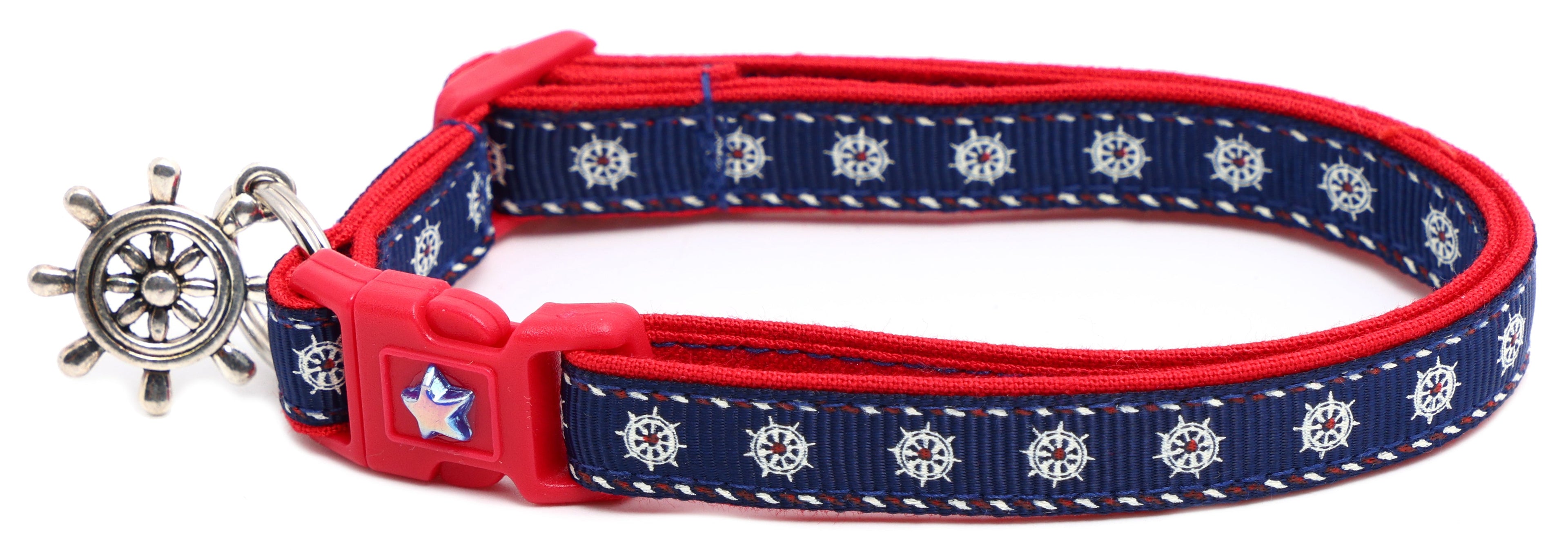 Nautical-themed Ships Wheels Breakaway Cat Collar by Pugs2Persians with a colorful, adjustable design for safe feline wear