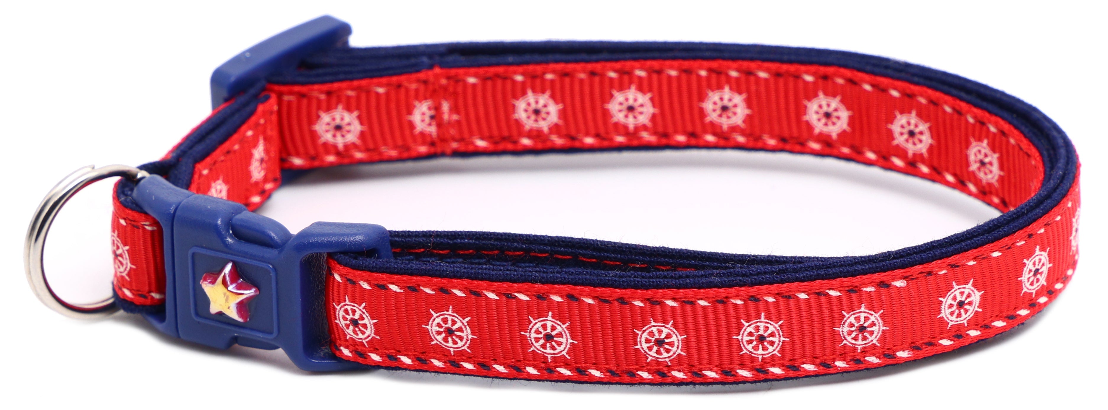 Nautical design Pugs2Persians Ships Wheels breakaway cat collar with ship wheel pattern on adjustable collar for cats.