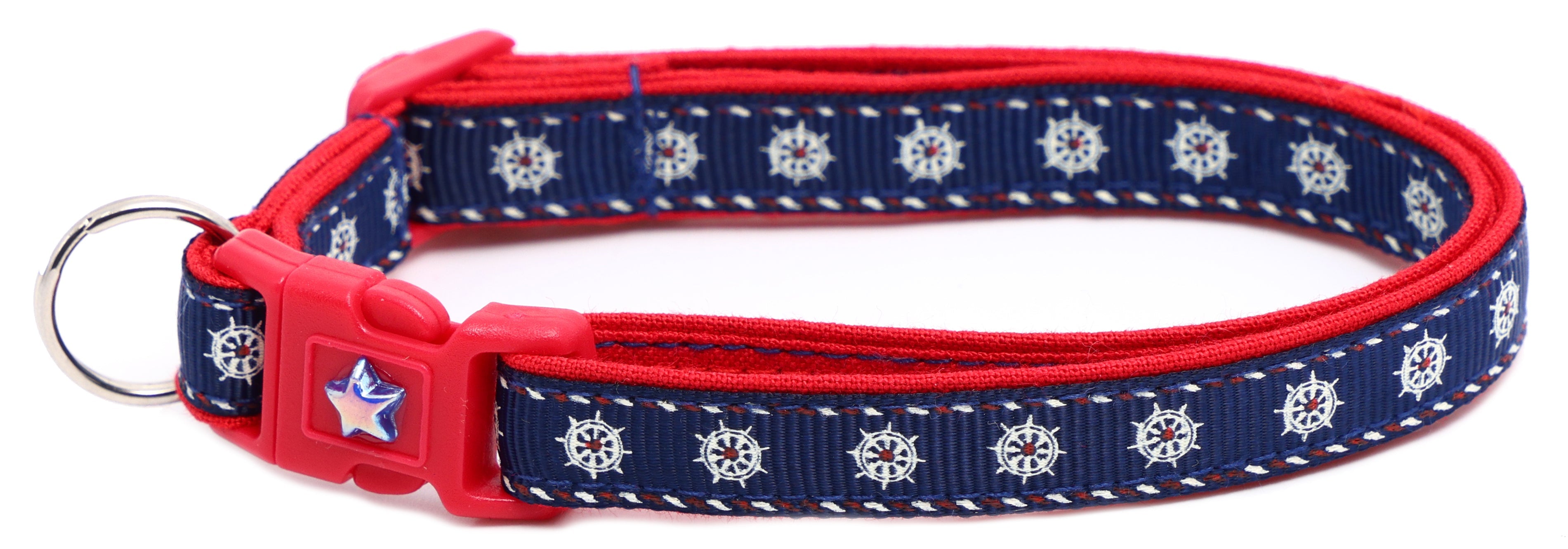 Nautical-themed Ships Wheels Breakaway Cat Collar by Pugs2Persians featuring a ship wheel design on a secure breakaway clasp.