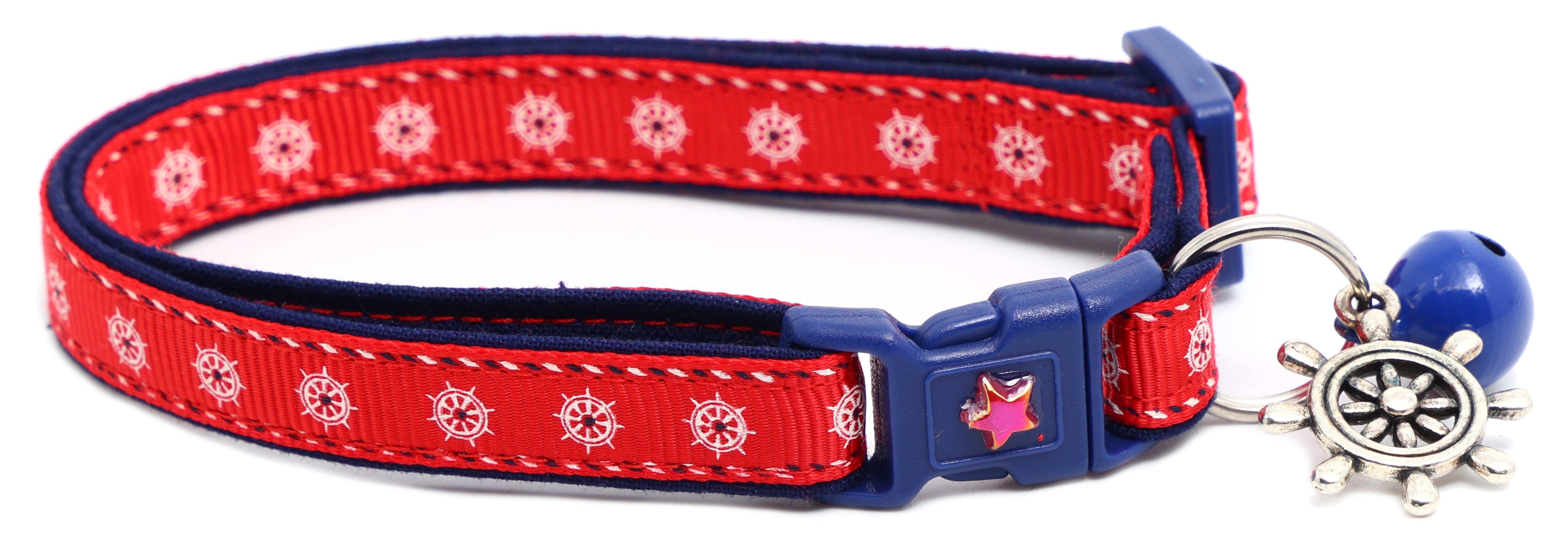 Nautical design Pugs2Persians Ships Wheels breakaway cat collar with ship wheel pattern on soft fabric for safe feline wear