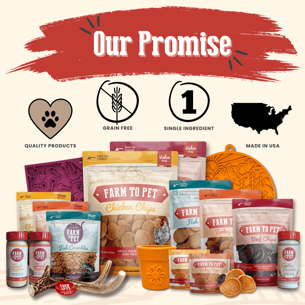 All-natural Farm To Pet Chicken Chips dog treats made from single-ingredient chicken, shown in resealable package.