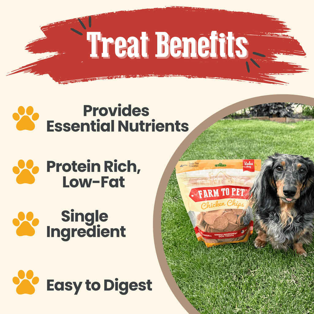 All-natural chicken chips for dogs by Farm To Pet, healthy single-ingredient dog treats in a 12oz bag with crispy texture.