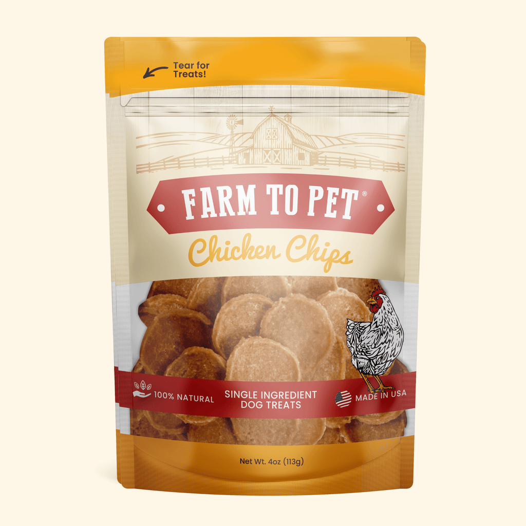 All-natural chicken chips dog treats by Farm To Pet, showing crispy, single-ingredient chicken treats in a 4oz package.
