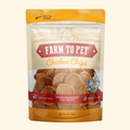 All-natural chicken chips dog treats by Farm To Pet, showing crispy, single-ingredient chicken treats in a 4oz package.