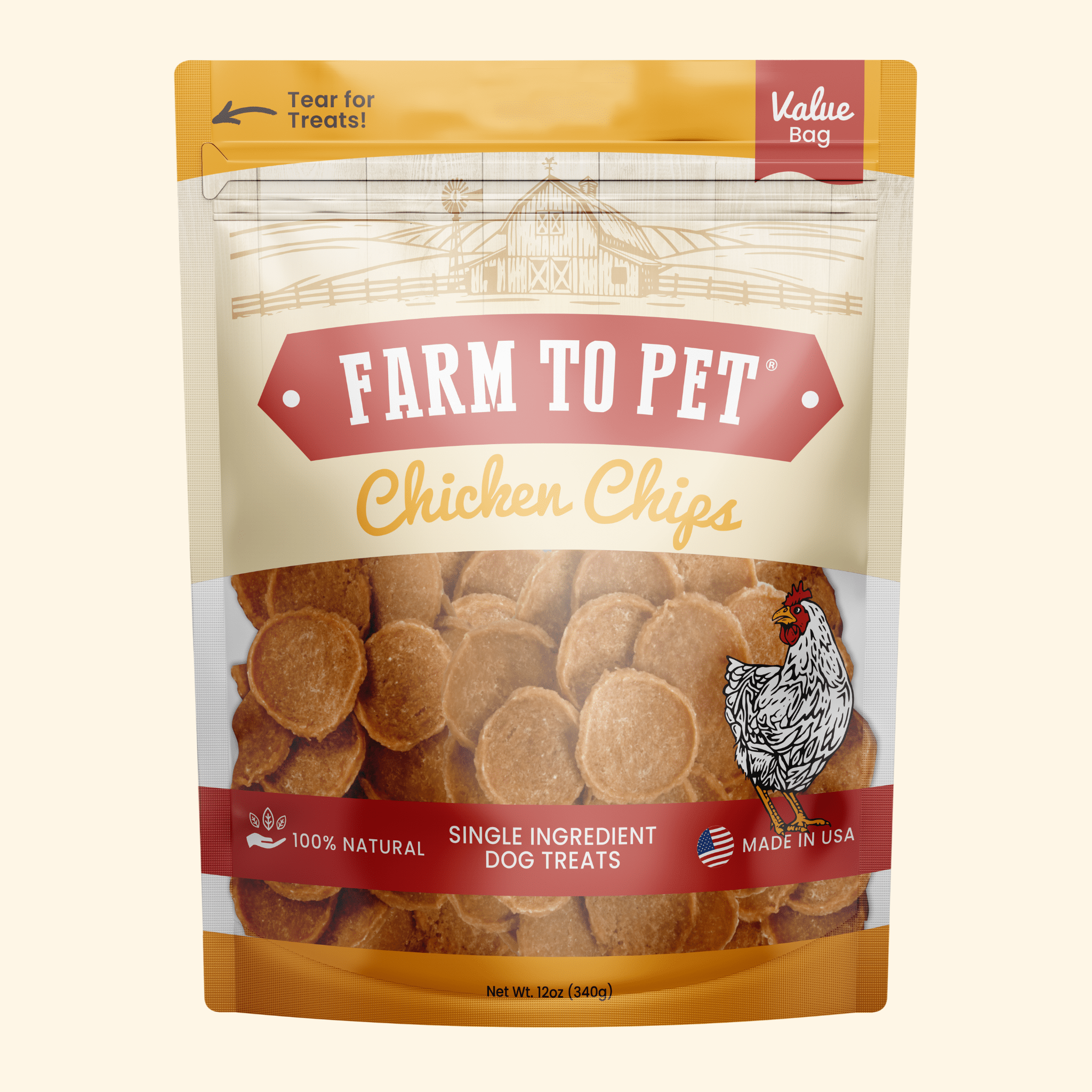 Farm To Pet chicken chips dog treats, all-natural single-ingredient chicken treats in a 12oz bag, visible front view.