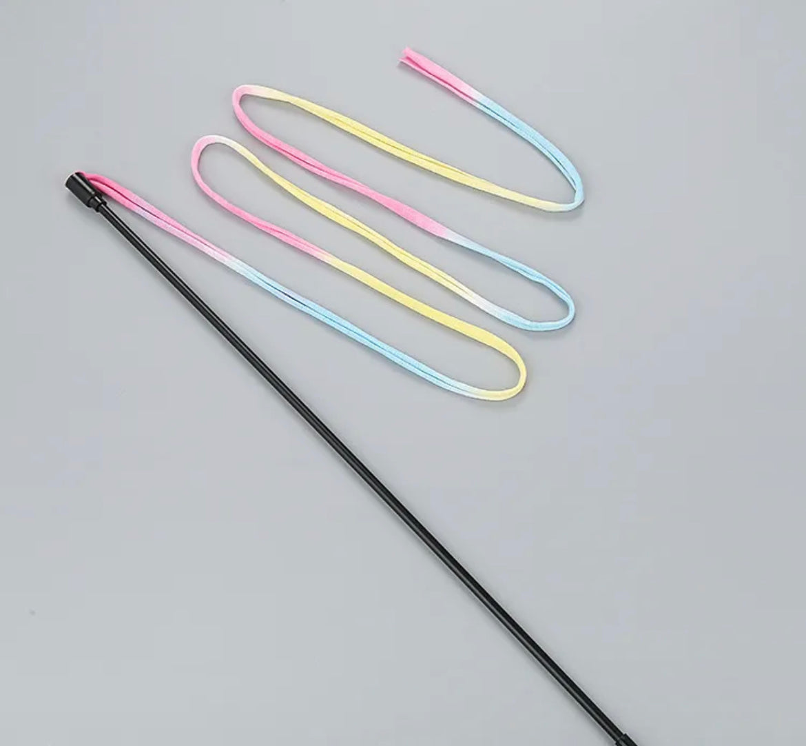 Interactive Ribbon Teaser Wand cat toy by Toys N Treats Box, featuring colorful ribbons for engaging feline play and exercise.