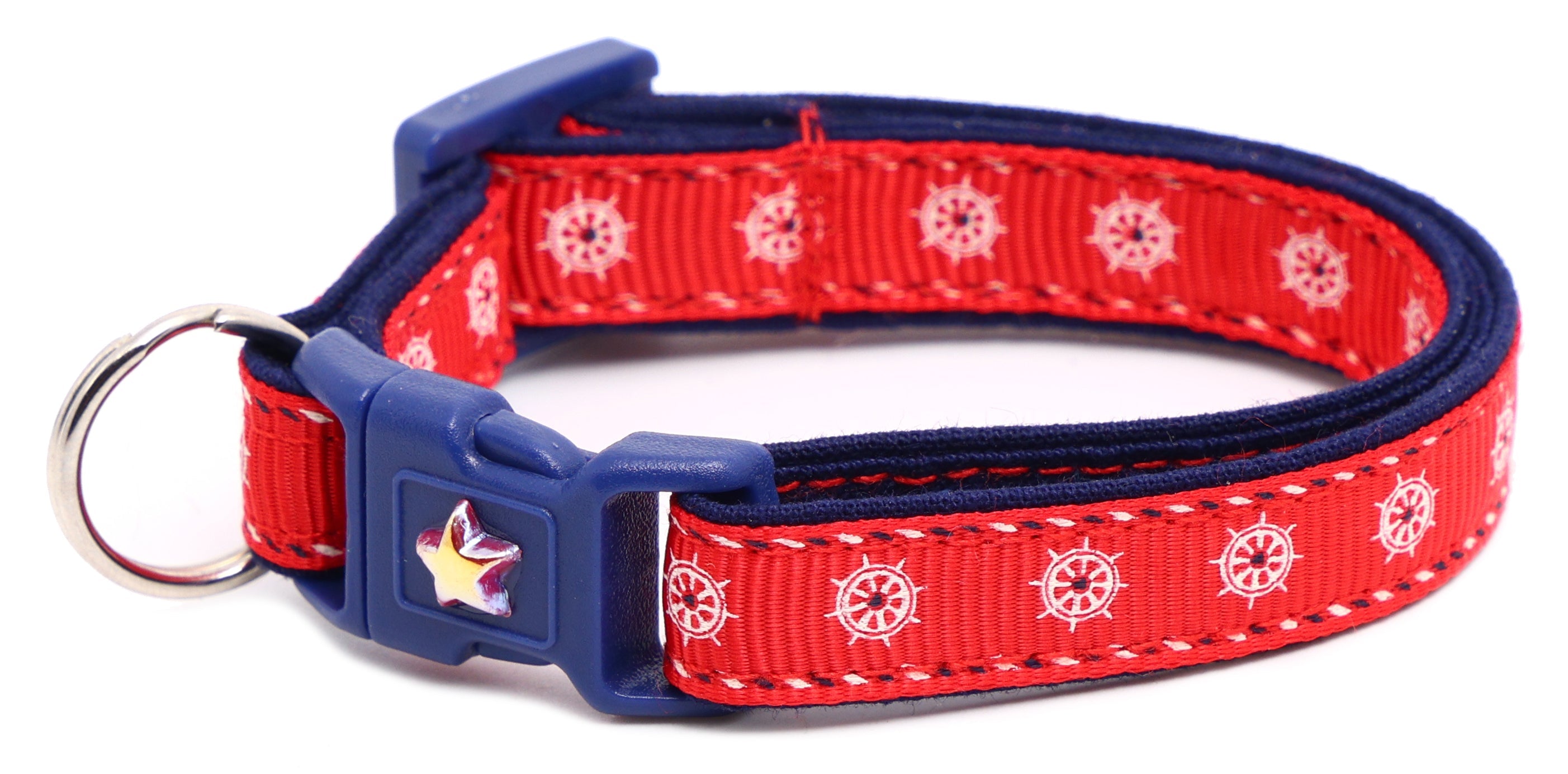 Nautical design Ships Wheels breakaway cat collar with a nautical-themed pattern on a kitten's neck, safe breakaway clasp.