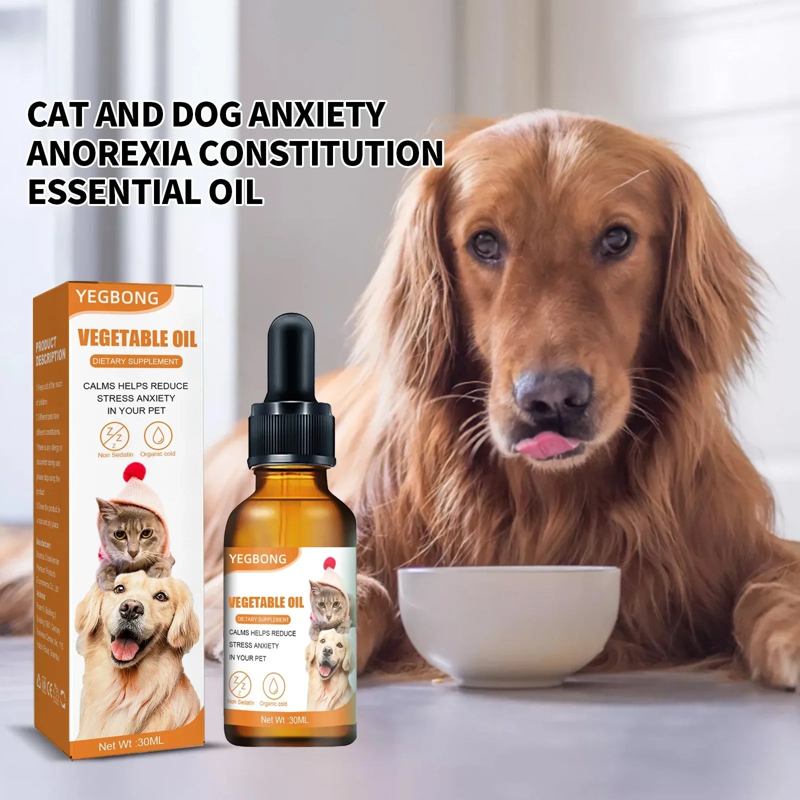 Natural organic calming drops for pets from Pet Essentials Hub, featuring a bottle of pet anxiety relief supplement.