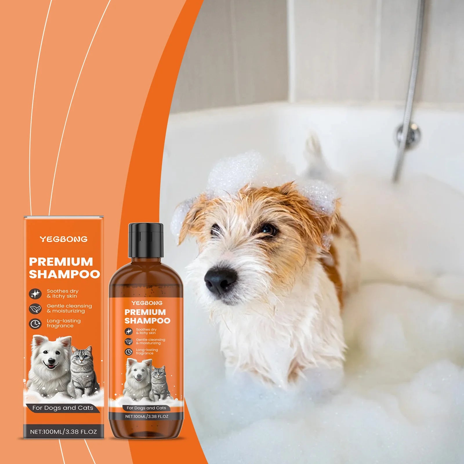 Pet Essentials Hub natural pet shampoo for dogs and cats, gentle grooming formula shown in a clear bottle.