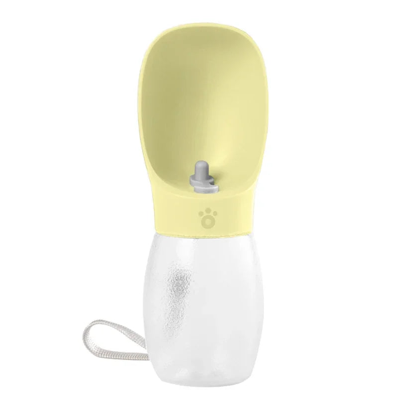 Portable Pet Water Bottle from Pet Essentials Hub with 300ml capacity, featuring a built-in water dispenser for travel.