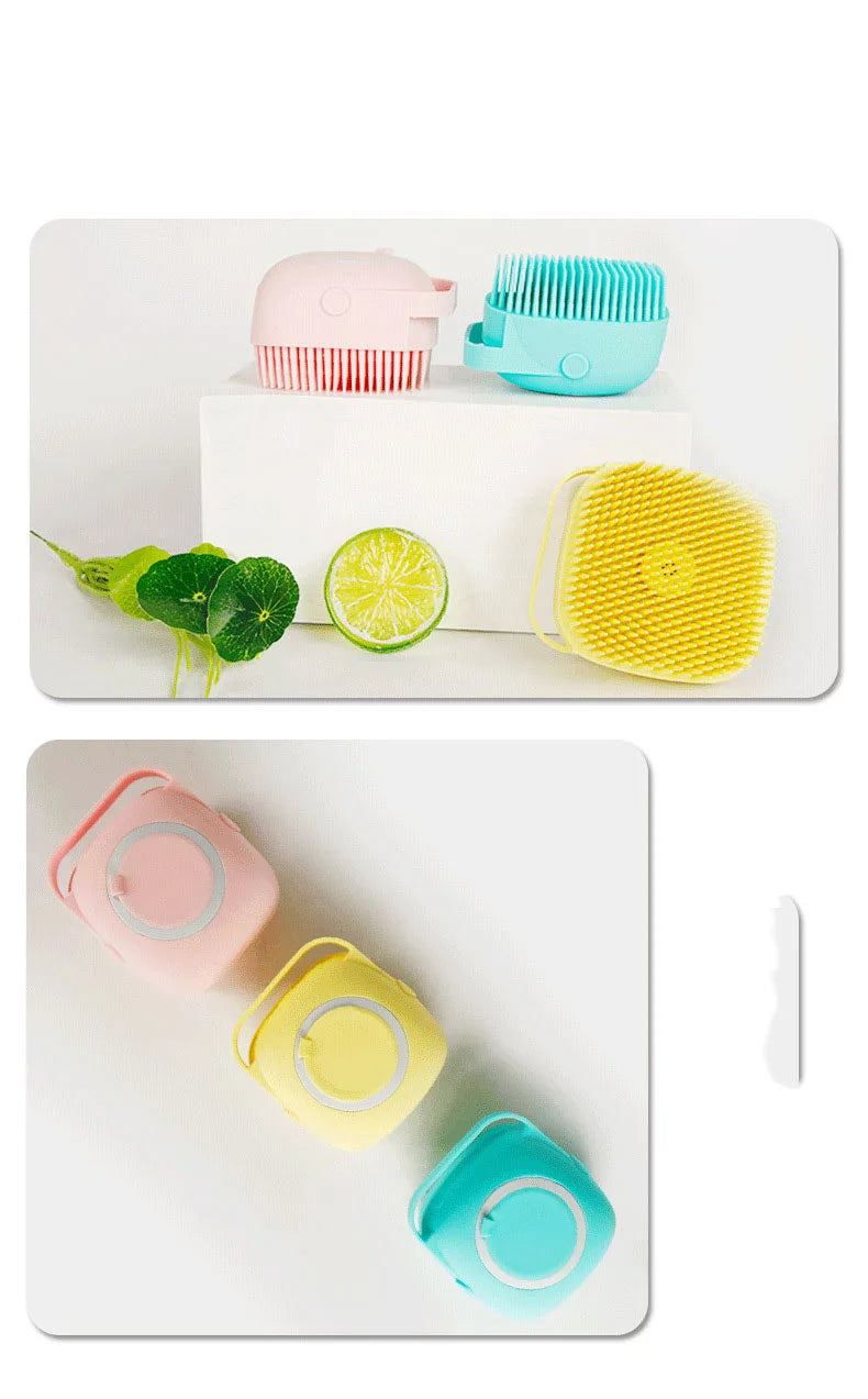 Silicone pet bath brush from Pet Essentials Hub with massage bristles and shampoo dispenser for dogs and cats.