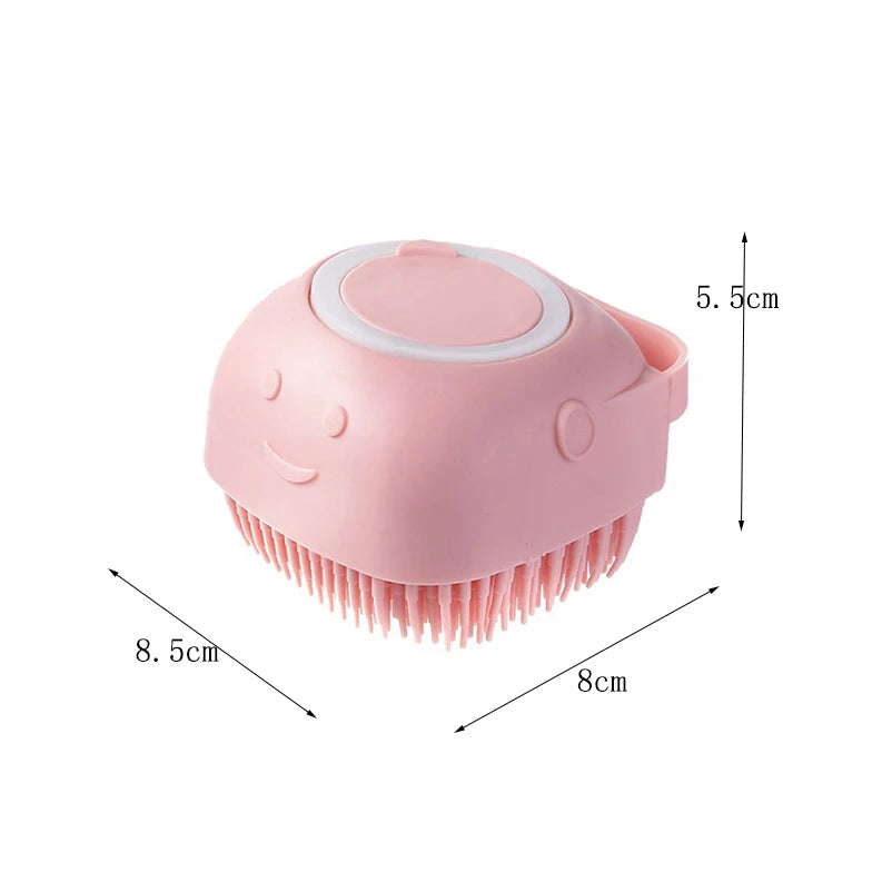 Silicone pet bath brush with massage bristles and shampoo dispenser for dogs and cats, ideal for gentle grooming.