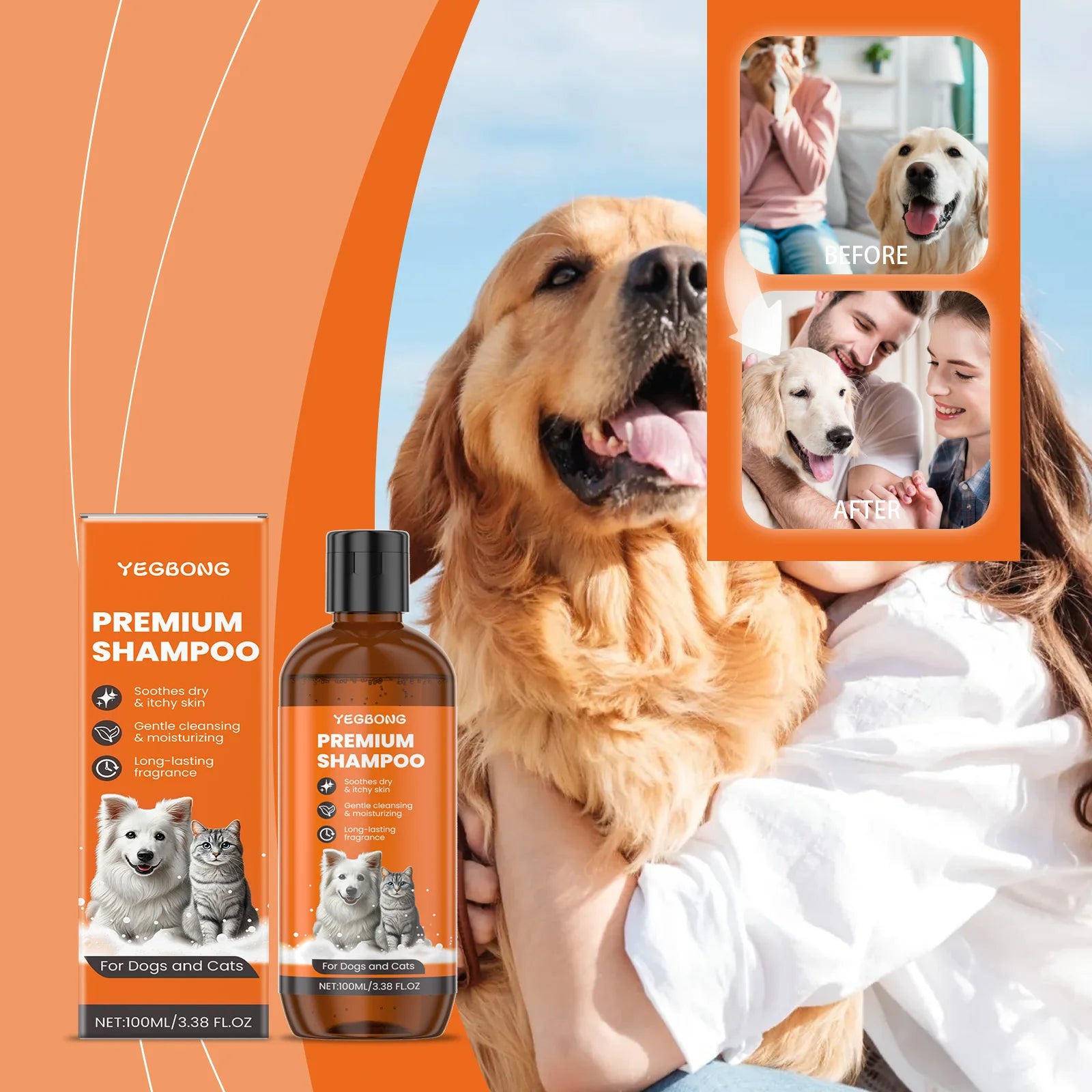 Gentle natural pet shampoo for dogs and cats by Pet Essentials Hub, showing a bottle of pet grooming product.