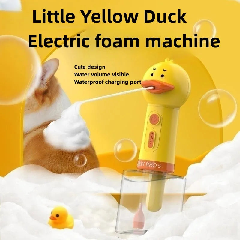 Yellow Duck pet bathing foam machine from Pet Essentials Hub, a USB electric soap dispenser for gentle pet grooming.