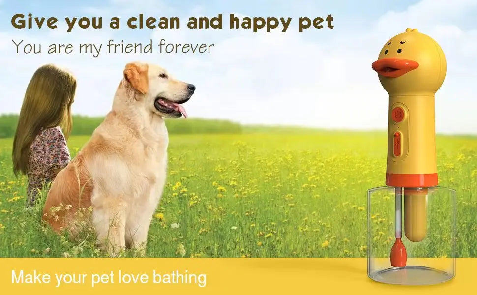 Yellow Duck Pet Bathing Foam Machine from Pet Essentials Hub, USB electric soap dispenser for gentle pet grooming.