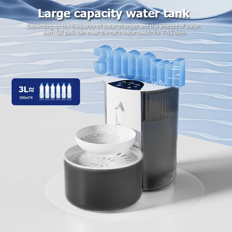 Wireless pet water dispenser for cats and dogs, with a modern design and easy-to-use water fountain feature.