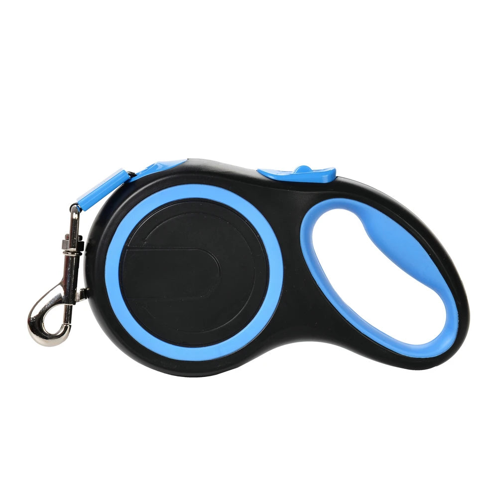 Heavy-duty retractable dog leash for large dogs, 5M/8M length, shown with a sturdy handle and durable leash in action.