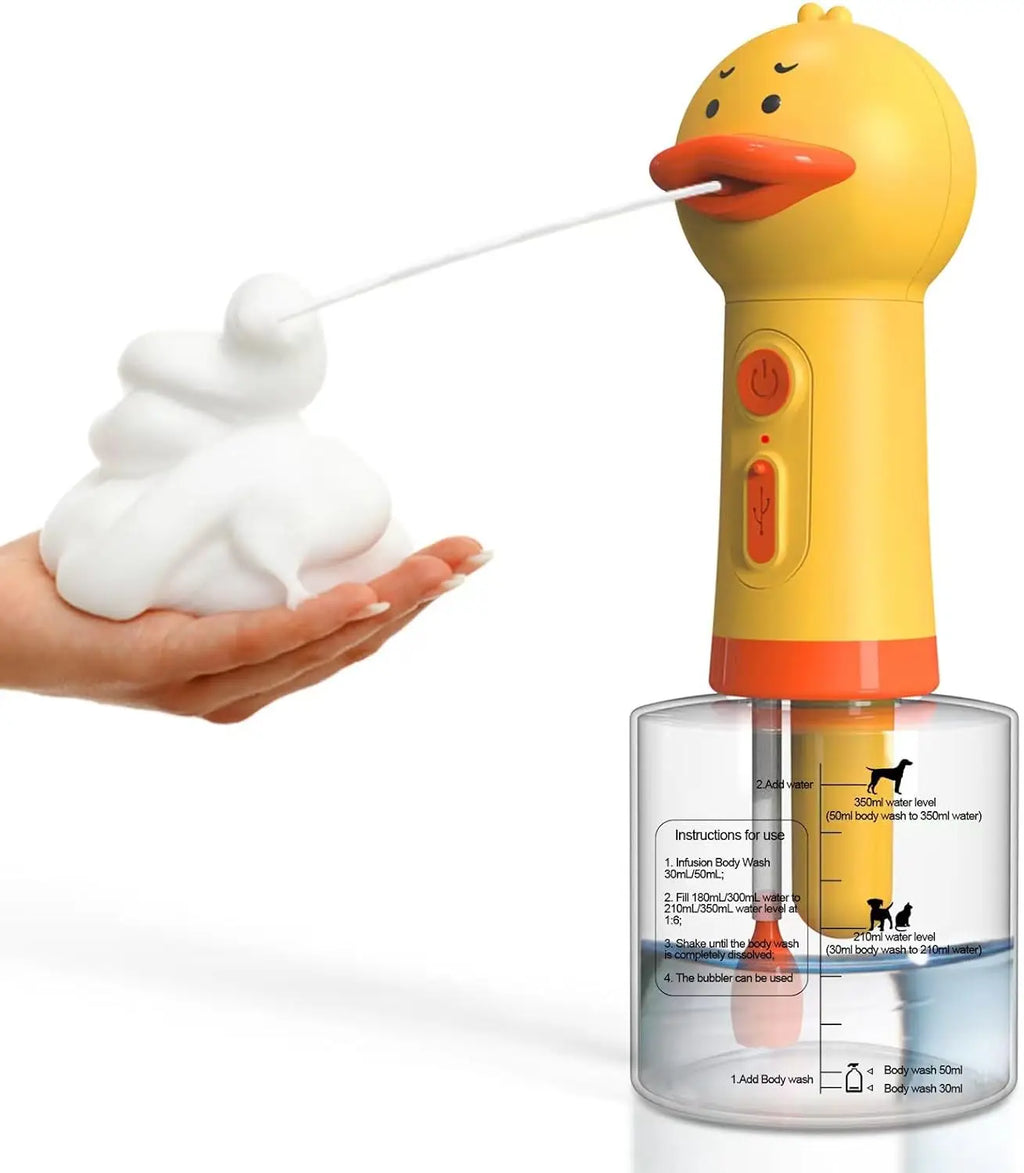 Yellow Duck Pet Bathing Foam Machine from Pet Essentials Hub, USB electric soap dispenser for easy pet grooming.