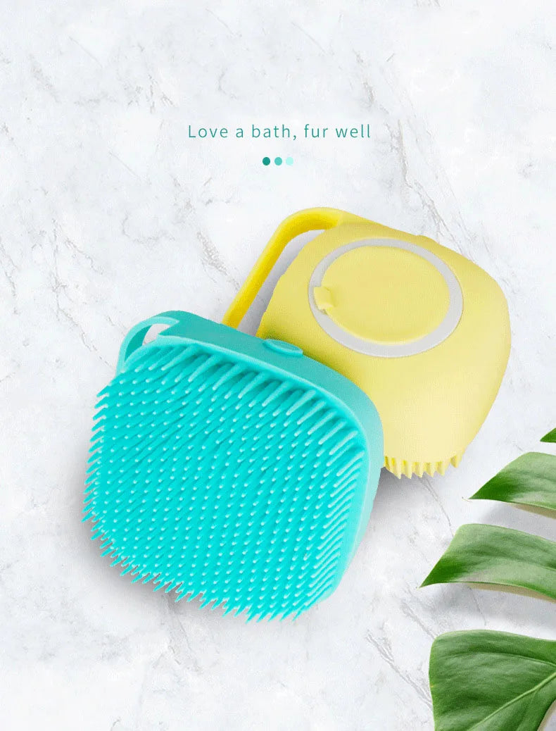 Silicone pet bath brush with massage bristles and shampoo dispenser for dogs and cats, ideal for gentle grooming.