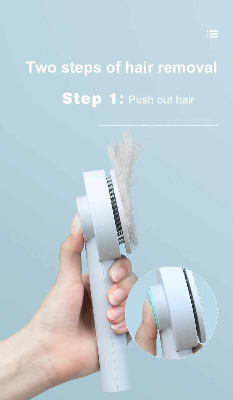 AllDay Goods cat hair cleaner brush with massage comb for pet grooming, showing the brush's bristles and ergonomic handle.