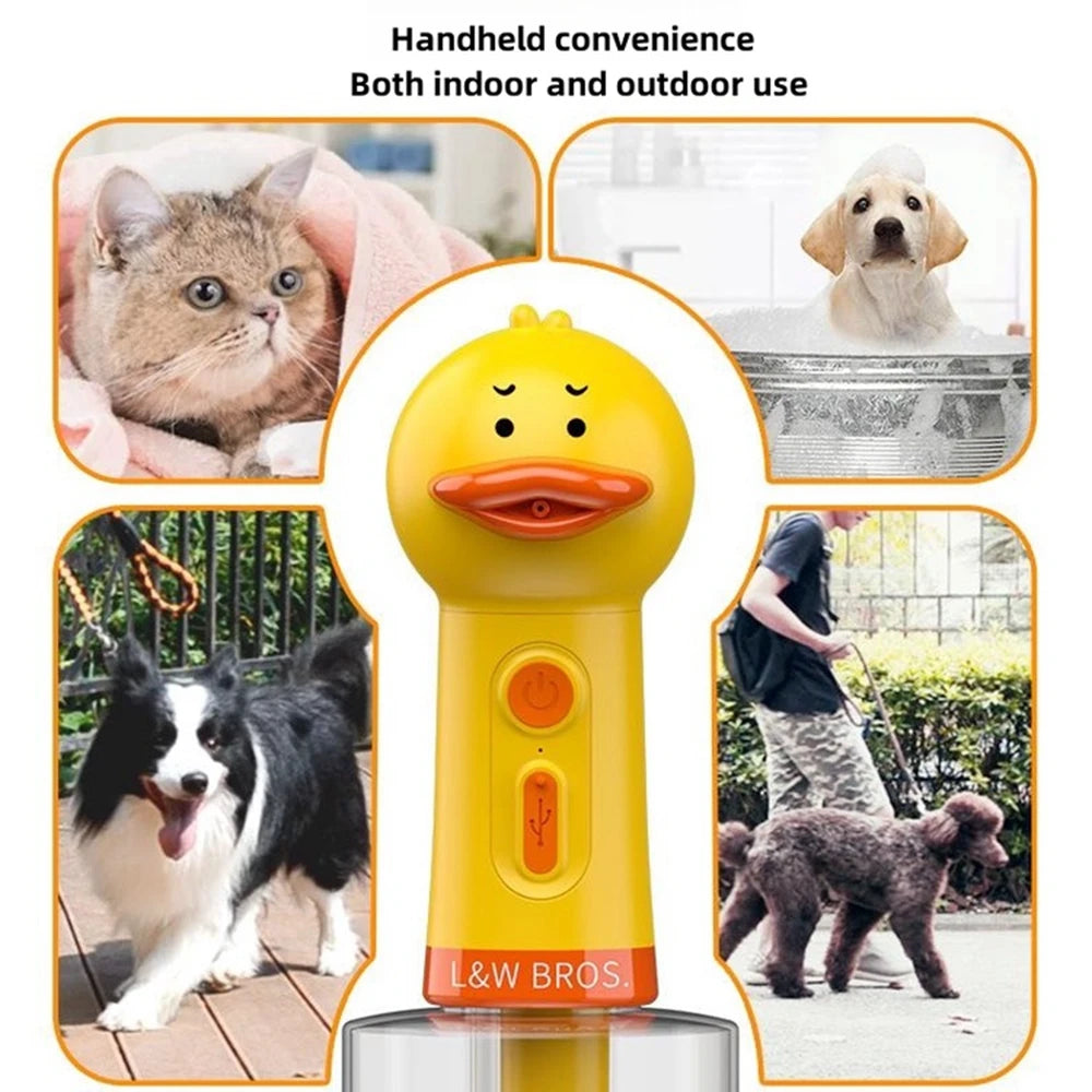 Yellow Duck Pet Bathing Foam Machine from Pet Essentials Hub, USB electric soap dispenser for easy pet grooming.