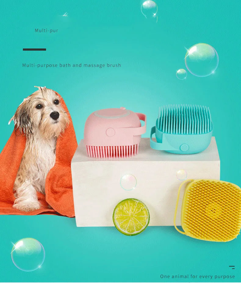 Silicone pet bath brush with massage and shampoo dispenser for dogs and cats, from Pet Essentials Hub, shown in use.