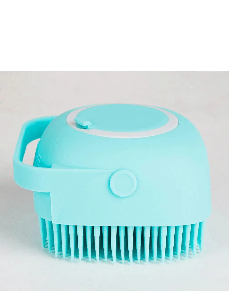 Silicone pet bath brush with massage bristles and shampoo dispenser for dogs and cats, ideal for gentle grooming and cleaning.