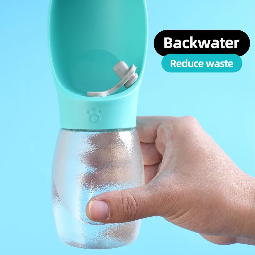 Portable Pet Water Bottle by Pet Essentials Hub, 300ML travel feeder with built-in bowl for on-the-go pet hydration.