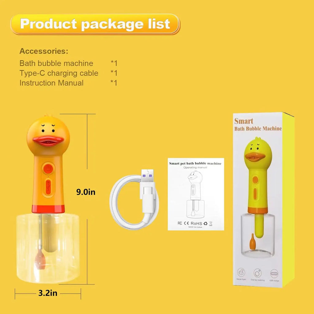Yellow Duck Pet Bathing Foam Machine from Pet Essentials Hub, USB electric soap dispenser for pet grooming with playful duck design.