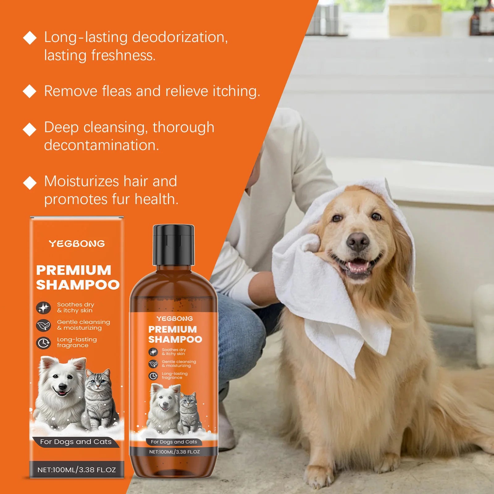 Pet Essentials Hub natural pet shampoo for dogs and cats, gentle grooming formula with a clear bottle and lathered pets.