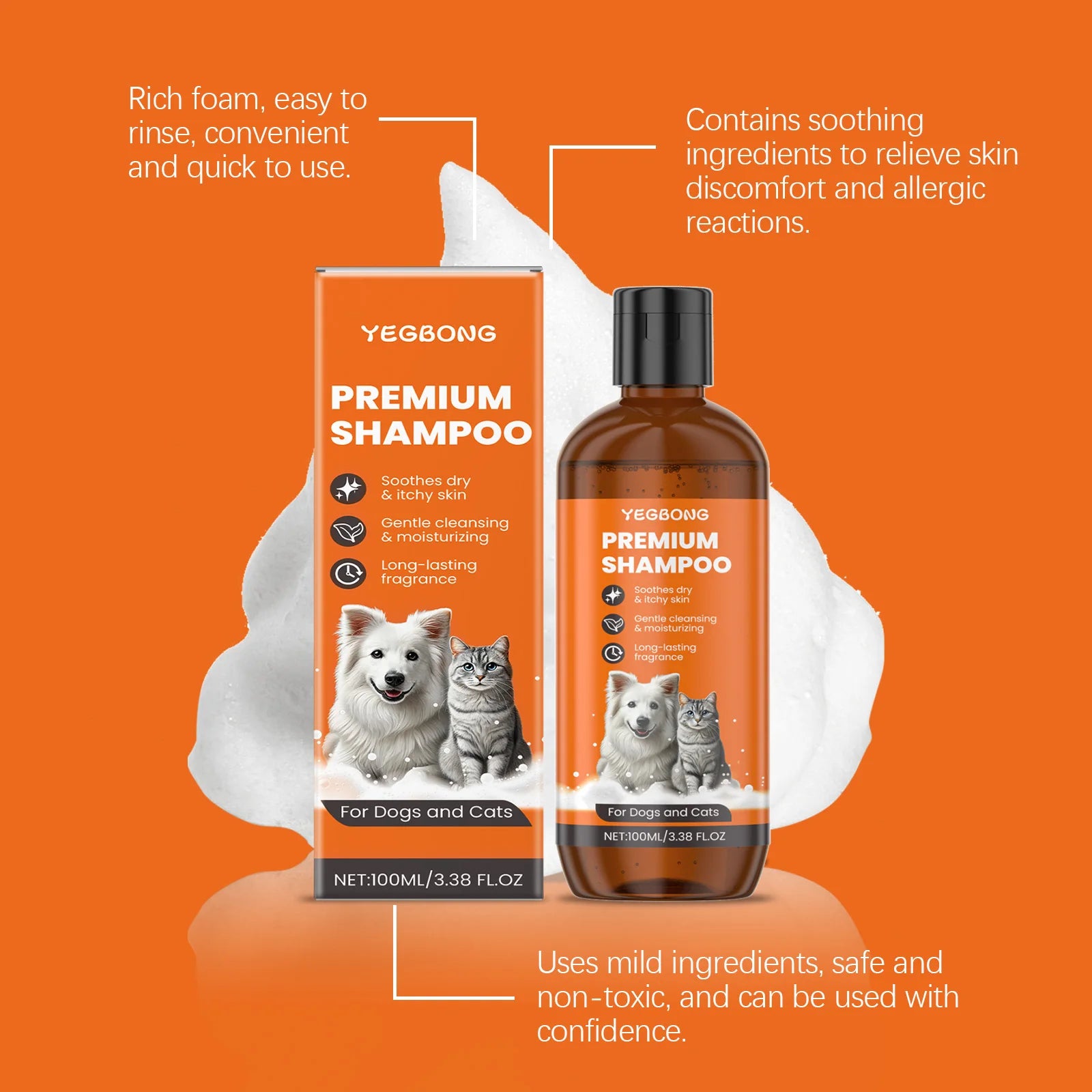 Pet Essentials Hub natural pet shampoo for dogs and cats, showing the gentle, soothing formula in a clear bottle.