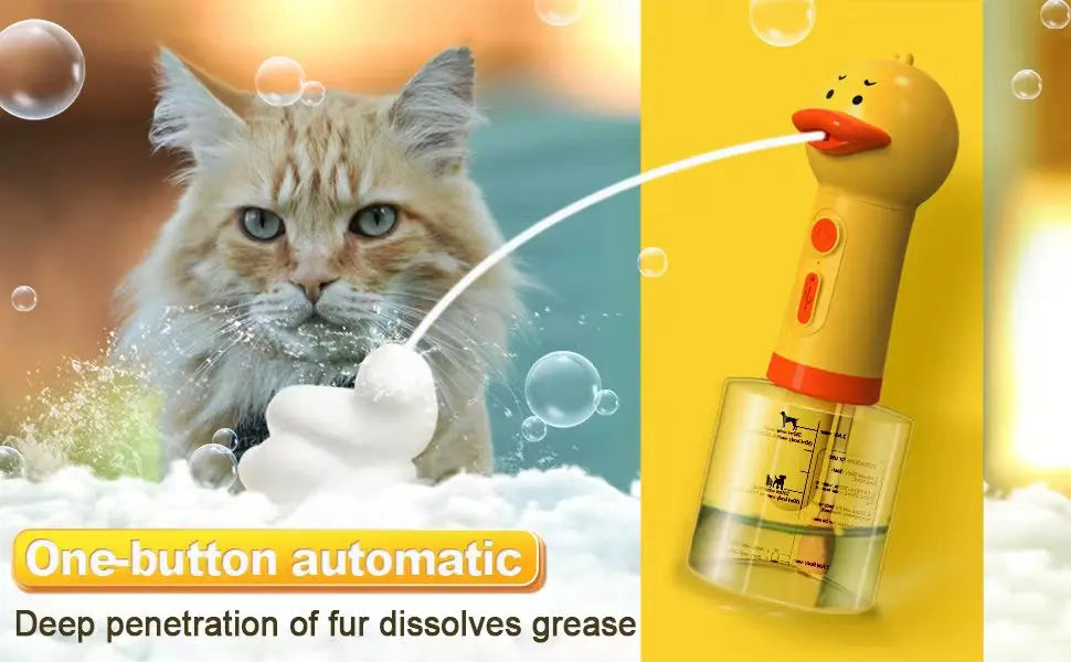 Yellow Duck Pet Bathing Foam Machine by Pet Essentials Hub, USB electric soap dispenser for pet grooming in a playful duck shape.