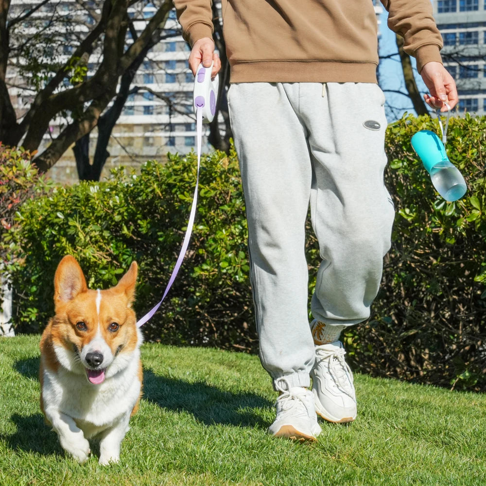 Portable Pet Water Bottle from Pet Essentials Hub showing 300ML water container with built-in bowl for on-the-go pet hydration.