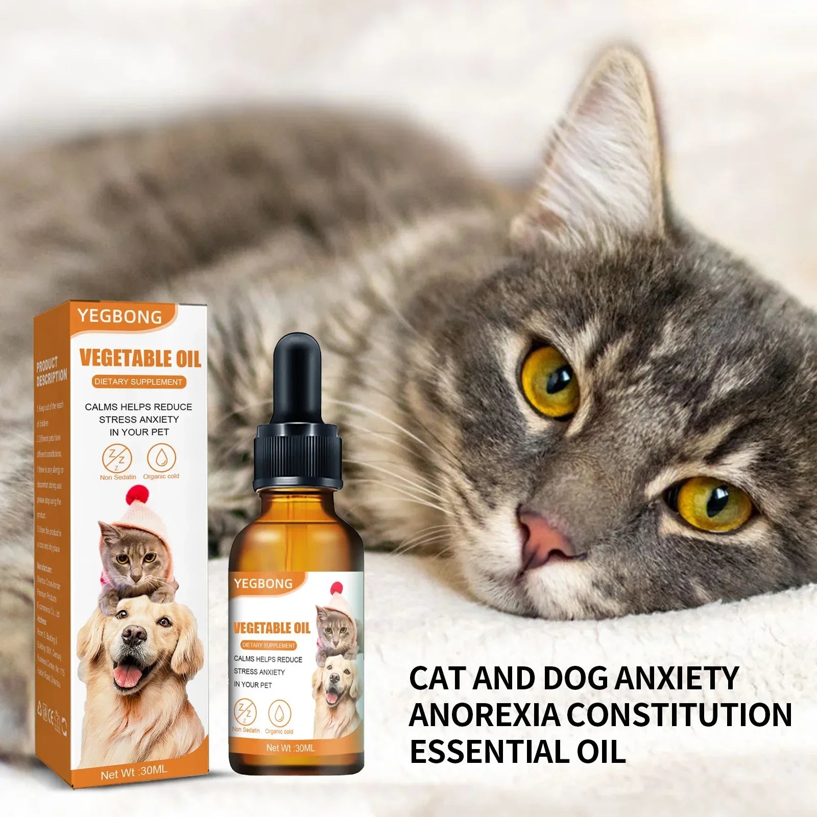 Natural organic pet calming drops from Pet Essentials Hub, with a dropper bottle and calming herbal ingredients for pet anxiety relief.