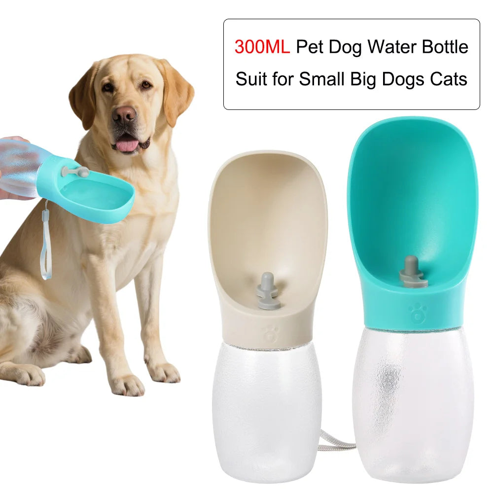 Portable Pet Water Bottle from Pet Essentials Hub, 300ML travel feeder with a built-in bowl for easy pet hydration on the go.