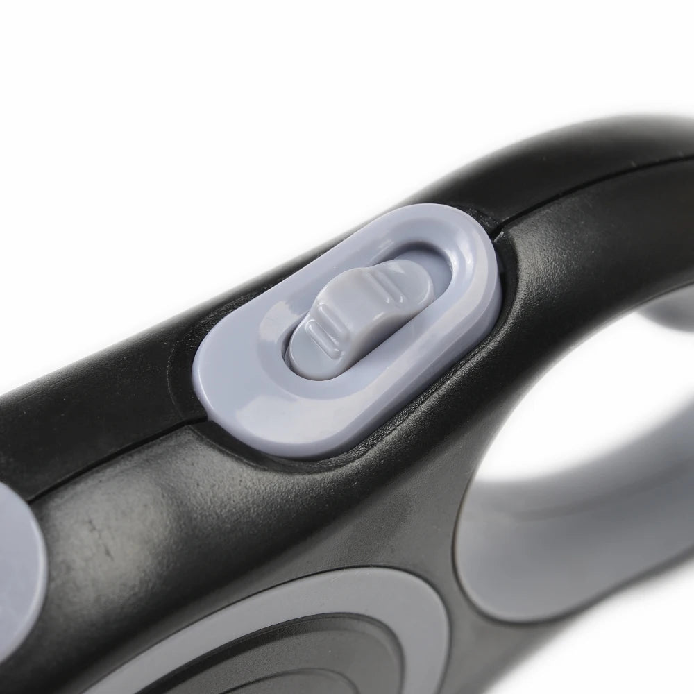 Heavy-duty retractable dog leash for large dogs, 5M/8M length, made by Pet Essentials Hub, showing the leash extended and grip handle.