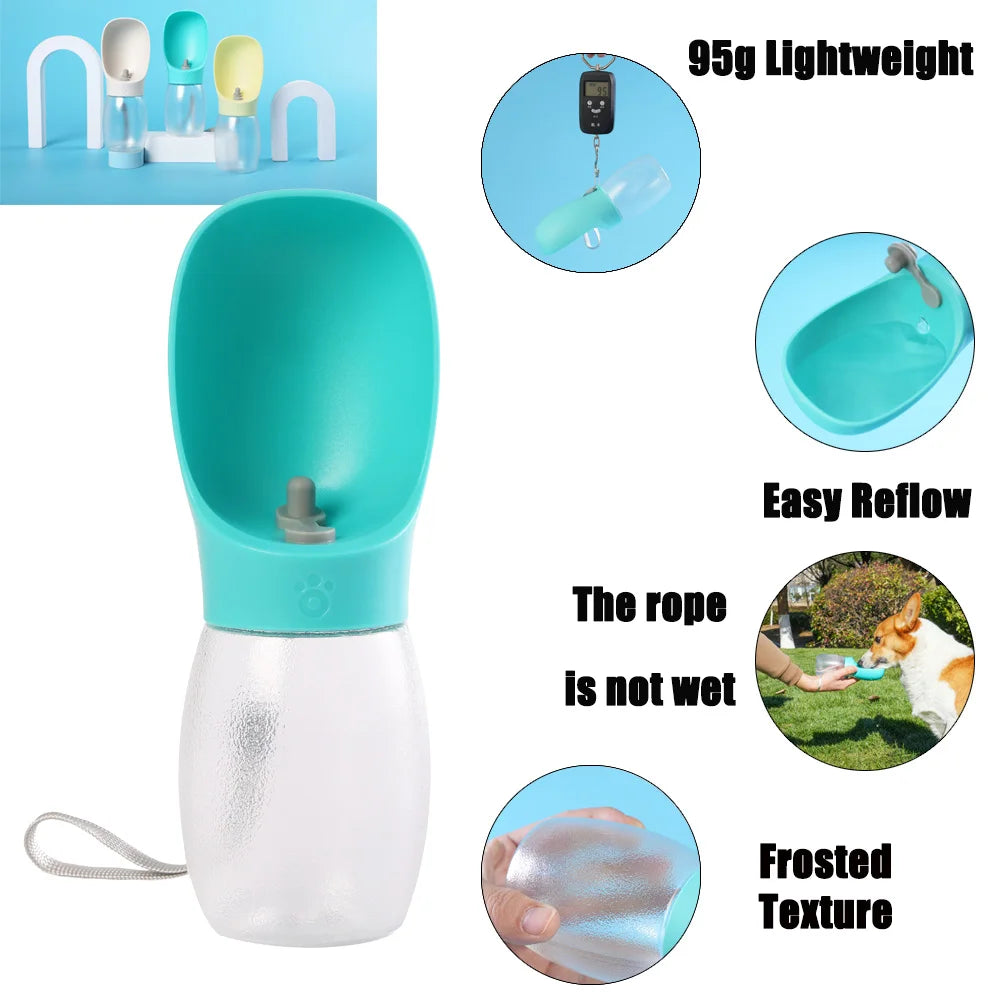 Portable Pet Water Bottle by Pet Essentials Hub with 300ml capacity, featuring a built-in water dispenser and travel feeder for pets.