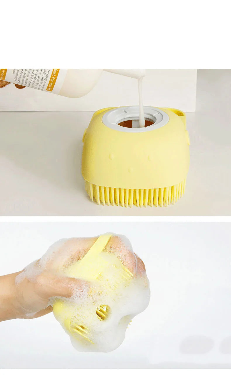 Silicone pet bath brush with massage and shampoo dispenser for dogs and cats, ideal for grooming and cleaning.