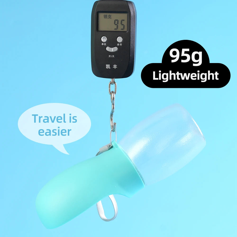 Portable Pet Water Bottle from Pet Essentials Hub, 300ML travel feeder with collapsible bowl for easy pet hydration on the go.