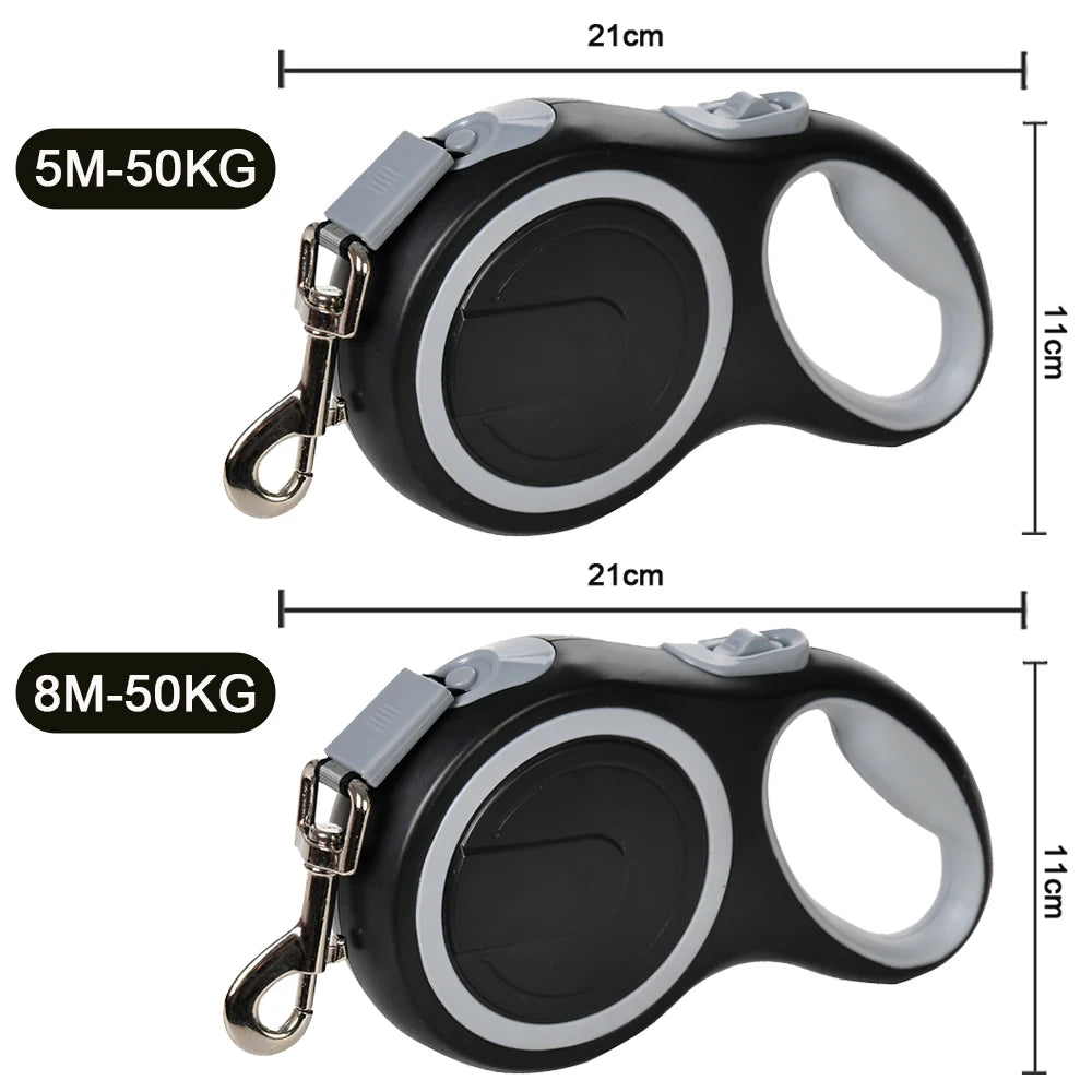 Heavy-duty retractable dog leash for large dogs, 5M/8M length, from Pet Essentials Hub, with durable handle and adjustable cord.