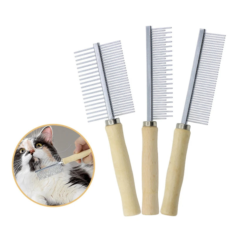 Dog grooming hair remover with wooden handle cat comb, pet grooming tool for detangling and removing loose fur.