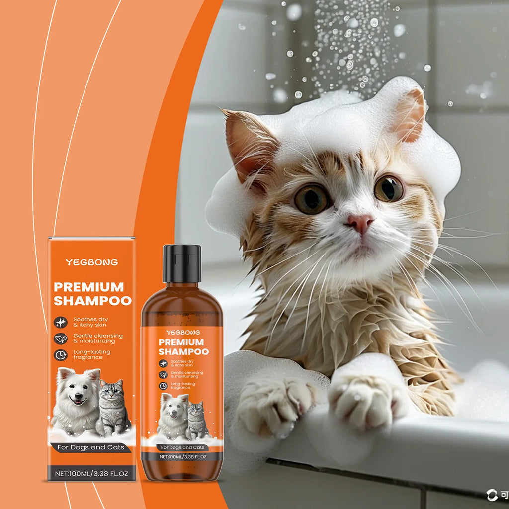 Natural Pet Shampoo for dogs and cats by Pet Essentials Hub, gentle grooming formula, clear bottle and soft foam visible.