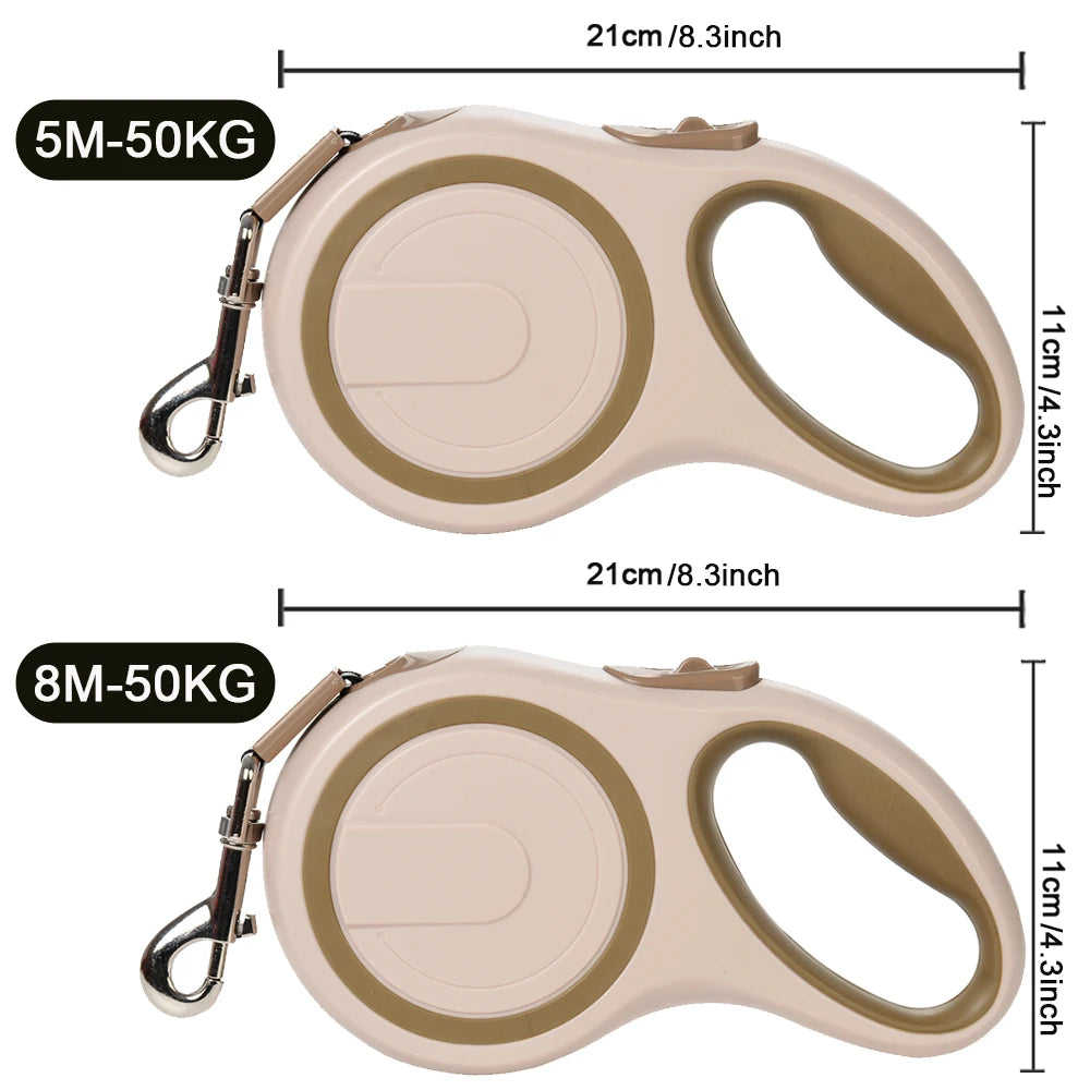 Heavy-duty retractable dog leash for large dogs, 5M/8M length, from Pet Essentials Hub, featuring durable plastic handle and leash reel.